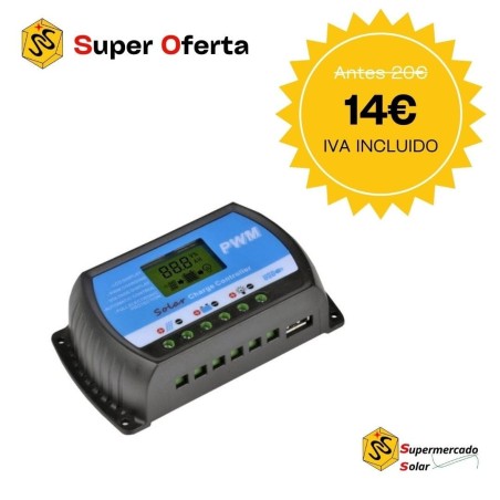Regulador de carga PWM 10A/12-24V con display + USB